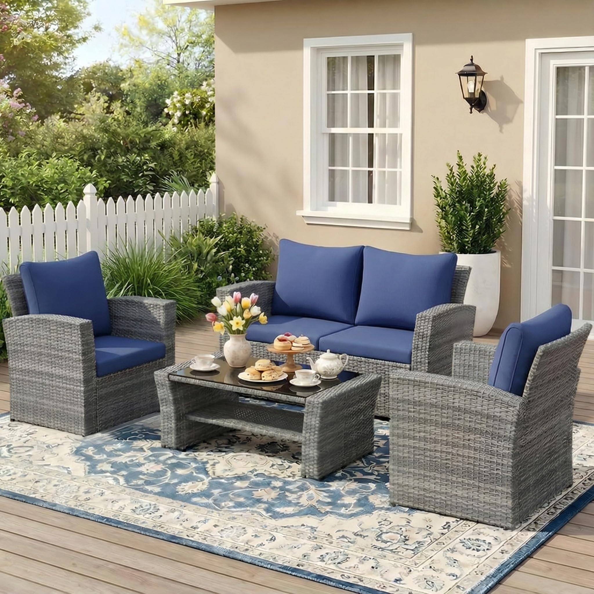 Photo 1 of **ONLY ONE PIECE ** Wisteria Lane 4 Piece Patio Furniture Set, Wicker Outdoor Patio Conversation Furniture Set, All Weather Outdoor Patio Sofa with Cushion and Glass Table, Navy Blue