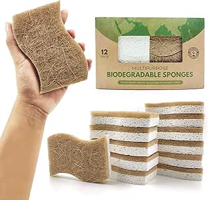 AIRNEX Biodegradable Natural Kitchen Sponge - Compostable Cellulose and Coconut Walnut Scrubber Sponge - Pack of 12 Eco Friendly Sponges for Dishes