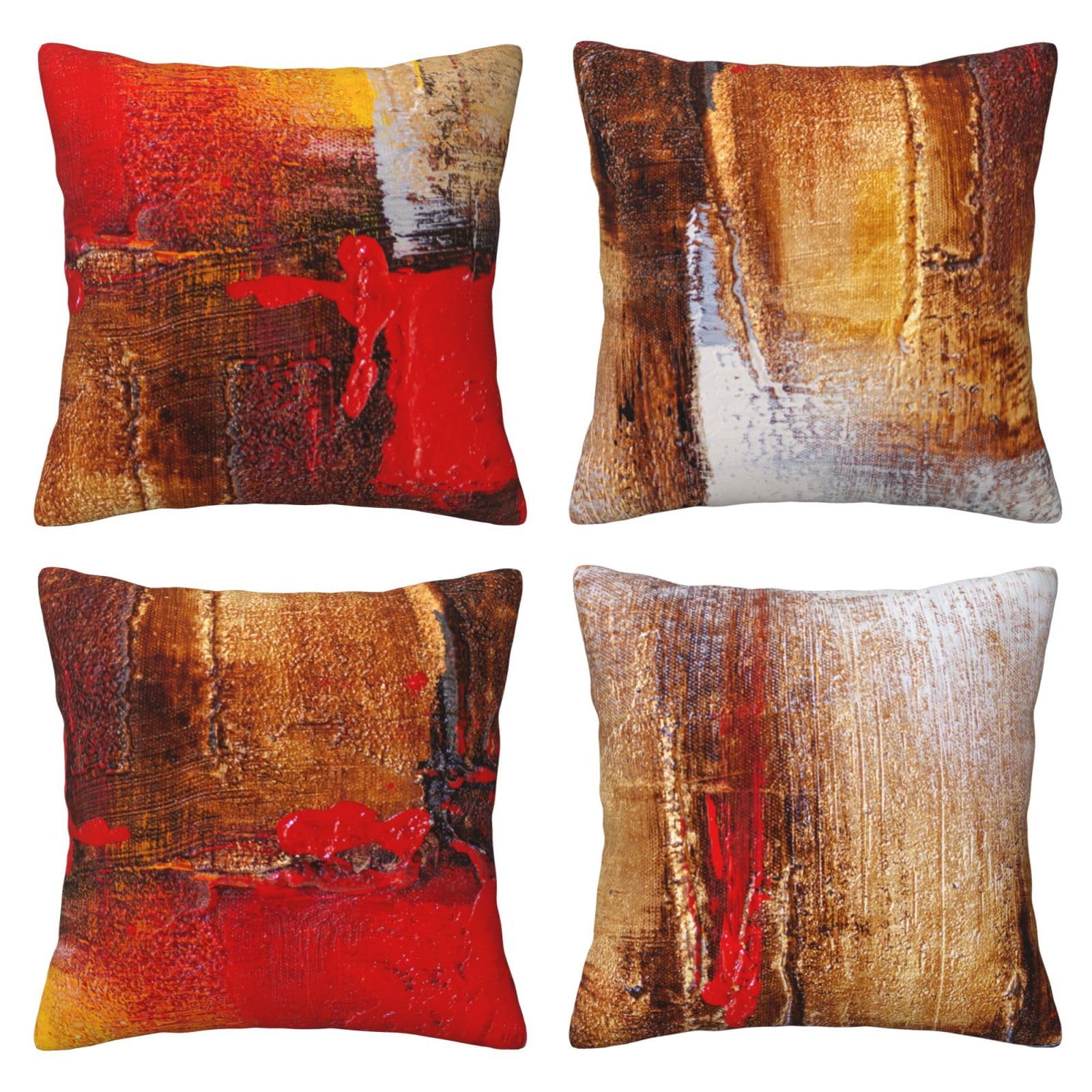QUALKNOY Velvet Cushion Covers 45x45cm Set of 4 Modern Abstract Red and Brown Messy Rust Painting Decorative Throw Pillow Cover Cushion Case for Home Sofa Bed Couch Impressionist Graffiti Decor