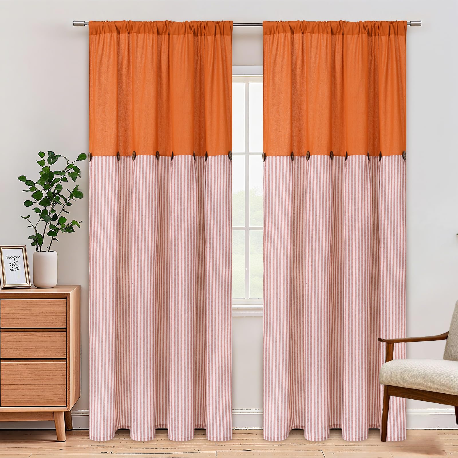 ASPMIZ Cotton Linen Curtains for Living Room, Rod Pocket & Back Tab Boho Curtains for Bedroom, Country Farmhouse Striped Curtain with Rustic Buttons, Home Decor, Orange, 52 x 84 Inch, 2 Panels Image