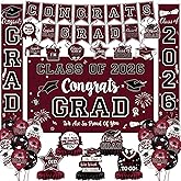 Maroon Themed Graduation Decorations Class of 2026 - Congrats Grad Banner & Backdrop, Porch Sign, Hanging Swirls, Balloons, Honeycomb Centerpieces for High School & College Celebrations