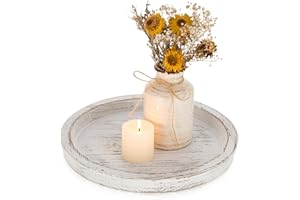 Romadedi Rustic Wooden Tray Candle Holder - Round Wood Decorative Pillar Candle Tray for Coffee Table Farmhouse Kitchen Countertop Organizer Home Decor Wedding Centerpiece, Distressed White