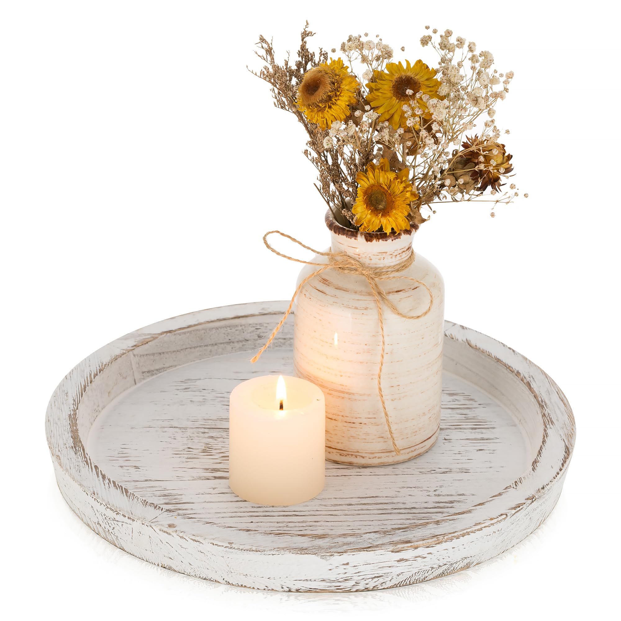 Photo 1 of Romadedi Rustic Wooden Tray Candle Holder - Round Wood Decorative Pillar Candle Tray for Coffee Table Farmhouse Kitchen Countertop Organizer Home Decor Wedding Centerpiece, Distressed White
