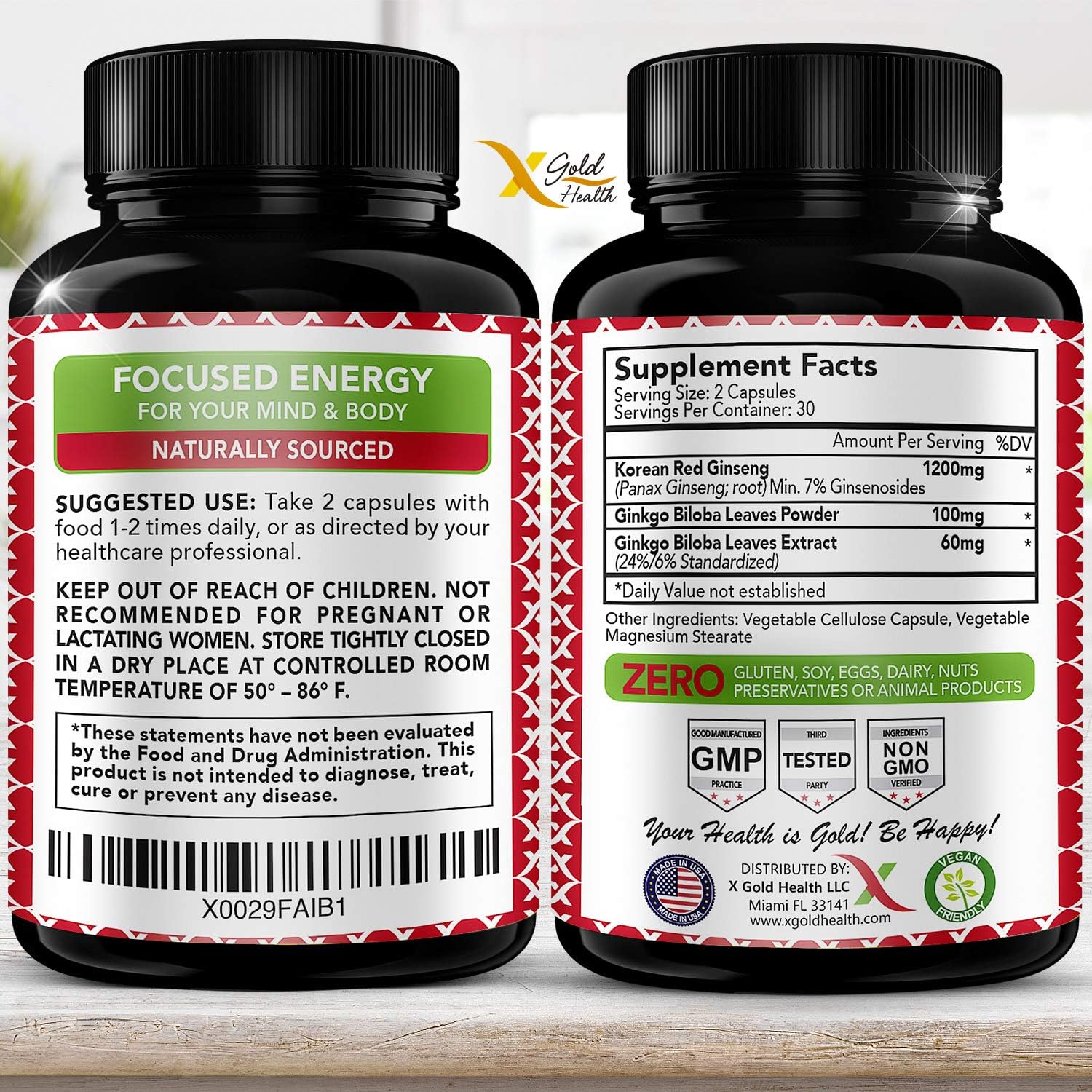 Korean Red Panax Ginseng 1200mg + Ginkgo Biloba - Extra Strength Root Extract Powder Supplement w/High Ginsenosides Vegan Capsules for Energy, Performance & Focus Pills for Men & Women: Health & Personal Care