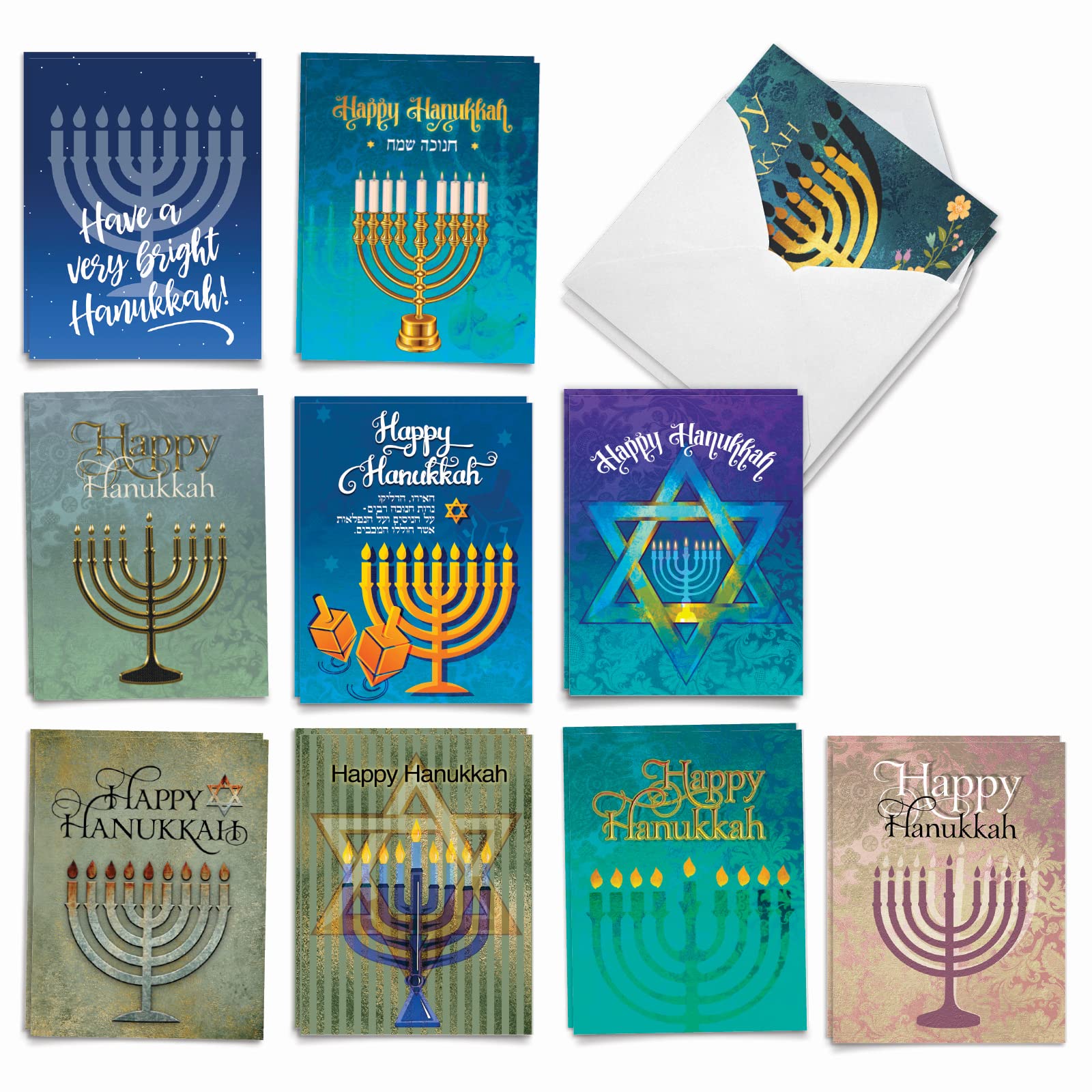 The Best Card Company - 20 Assorted Chanukah Notecards Boxed Set 4 x 5.12 Inch with Envelopes (10 Designs, 2 Each) Jewish Holiday Cards Hanukkah Lights AM6140HKG-B2x10