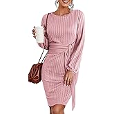 Zeagoo Women's Casual Knit Dress Fall Long Sleeve Bodycon Dress Crewneck Tie Waist Rib Knitted Sweater Dresses