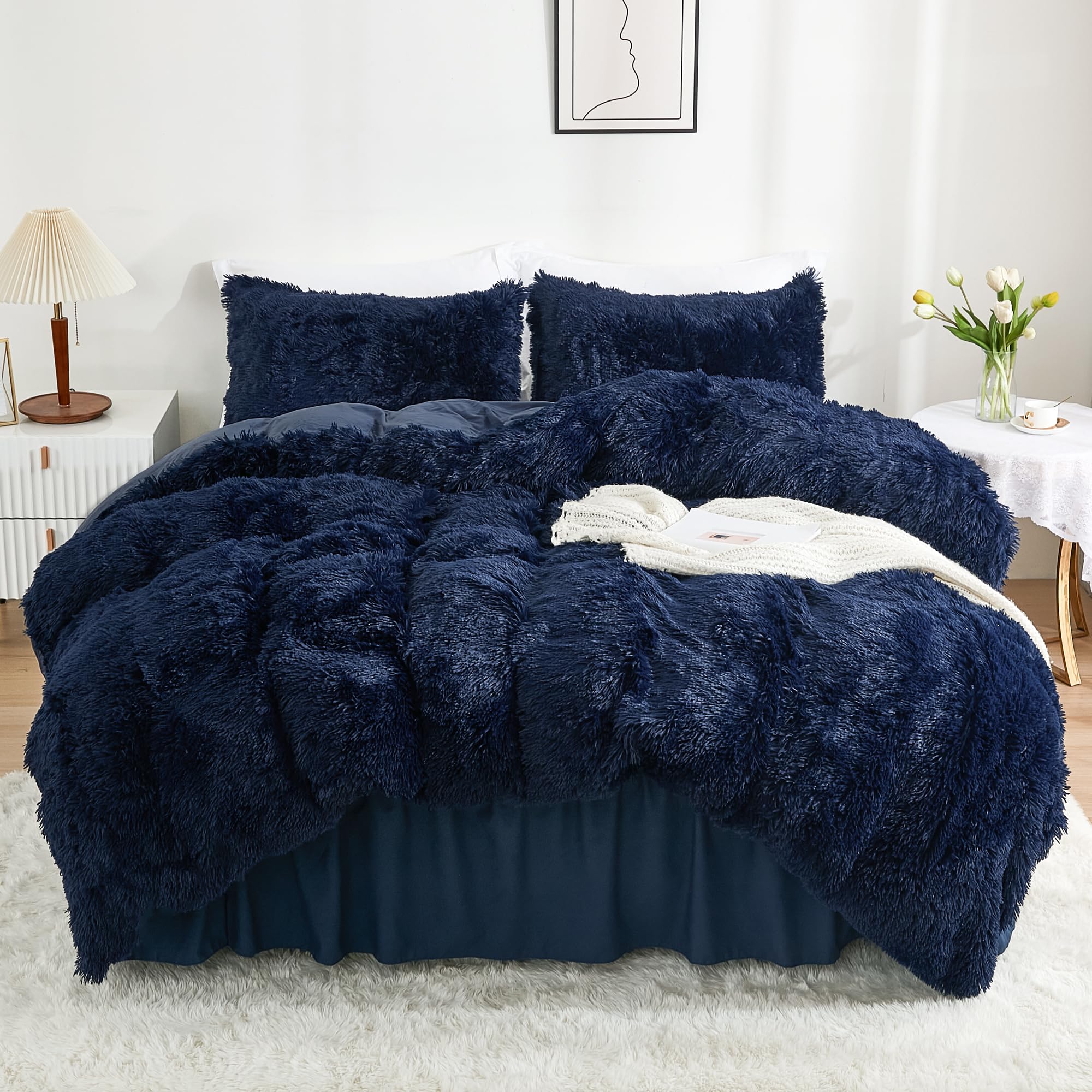 Photo 1 of annadaif Fluffy Duvet Cover Full Size, Navy Blue Plush Shaggy Faux Fur Comforter Cover Velvet Bedding Set with Zipper Closure(1 Duvet Cover, 2 Pillowcases)
