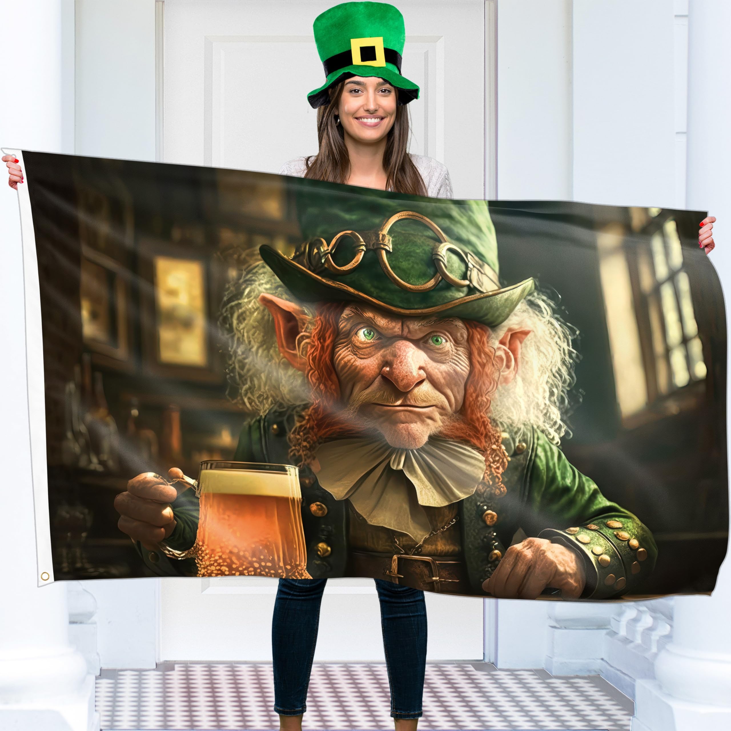 St Patricks Day Flag with Leprechaun and Beer - St Patrick's Day Decorations – Irish Ireland Home Decorations – Digital Print - 110Den Thick polyester - Double Seam - 2 brass eyelets, large 5ft x 3ft