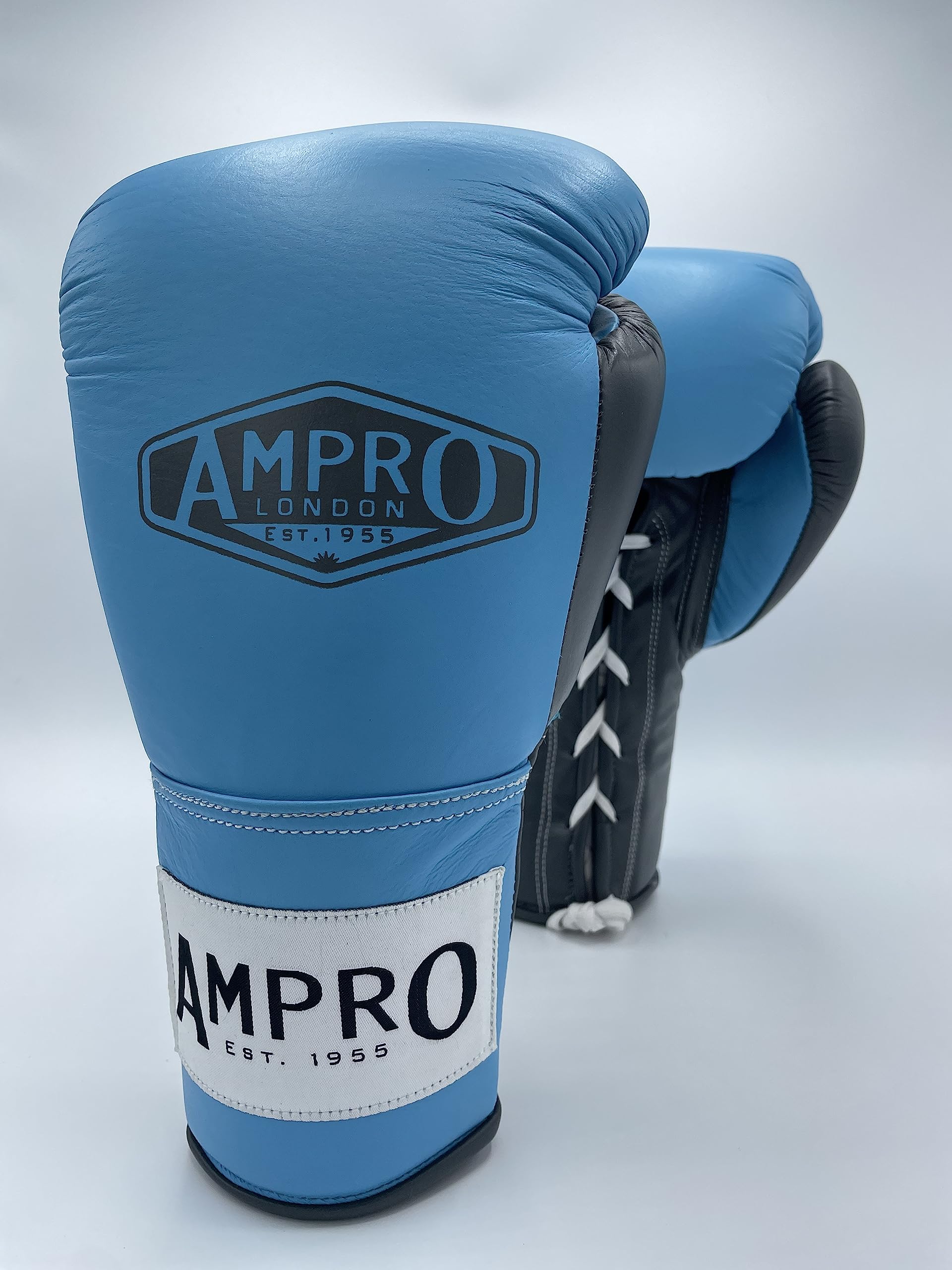 Ampro Hybrid Powertech Lace Up Sparring Glove - Sparring/Bag/Spar/Boxing/Training (Blue/Grey, 14oz)