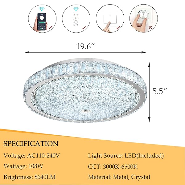 AFQEJG 19.6″ MODERN CRYSTAL CHANDELIER DIMMABLE LED FLUSH MOUNT CEILING LIGHT WITH REMOTE CONTROL FOR LIVING ROOM DINING ROOM BEDROOM HALLWAY FOYER SILVER