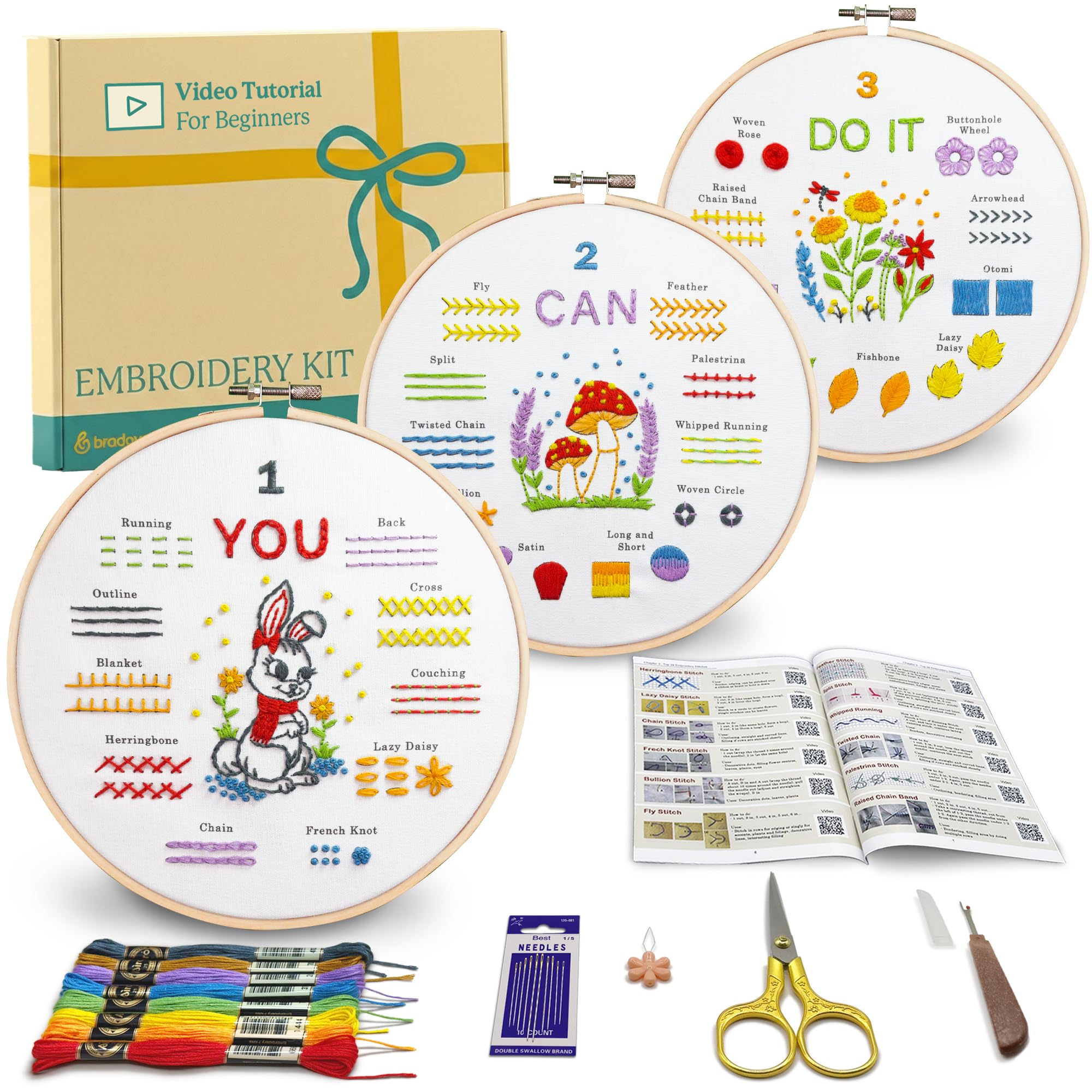 Bradove Embroidery Kits for Adults Beginners Kids, Stitching Kit with Embroidery Patterns, Beginners Embroidery Kit with Video Tutorial and Instruction Booklet