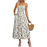 OFEEFAN Womens Spaghetti Strap Maxi Dresses Smocked with Pockets 2026 Summer Spring Casual Boho Beach Long Sundresses