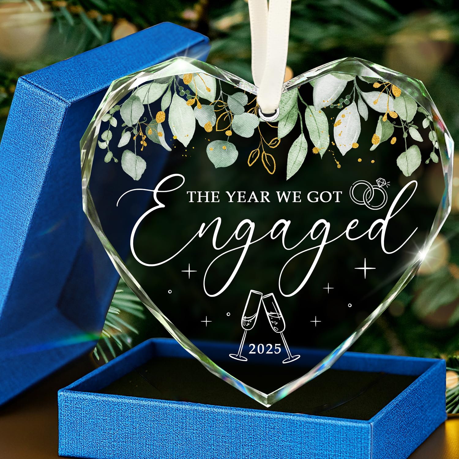 Photo 1 of HEXMOZ Engagement Gifts for Couples - Engagement Gift for Women, Fiance, Her, Newly Engaged Couples, Bride to Be - Just Engaged Gift, First Christmas Heart Shaped Glass Ornament 2025 Party Decoration