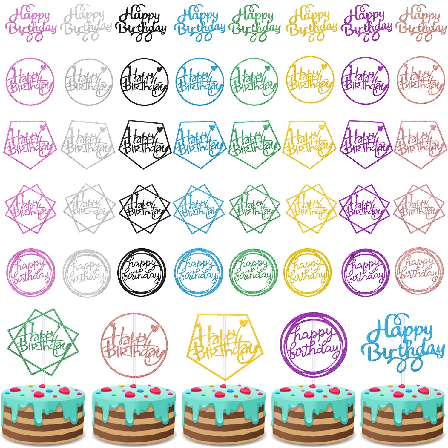 40 Pieces Happy Birthday Cake Toppers Glitter Birthday Cupcake Topper Assorted Color Cake Pick Decorations for Birthday Party Cake Desserts Pastries, 5 Styles