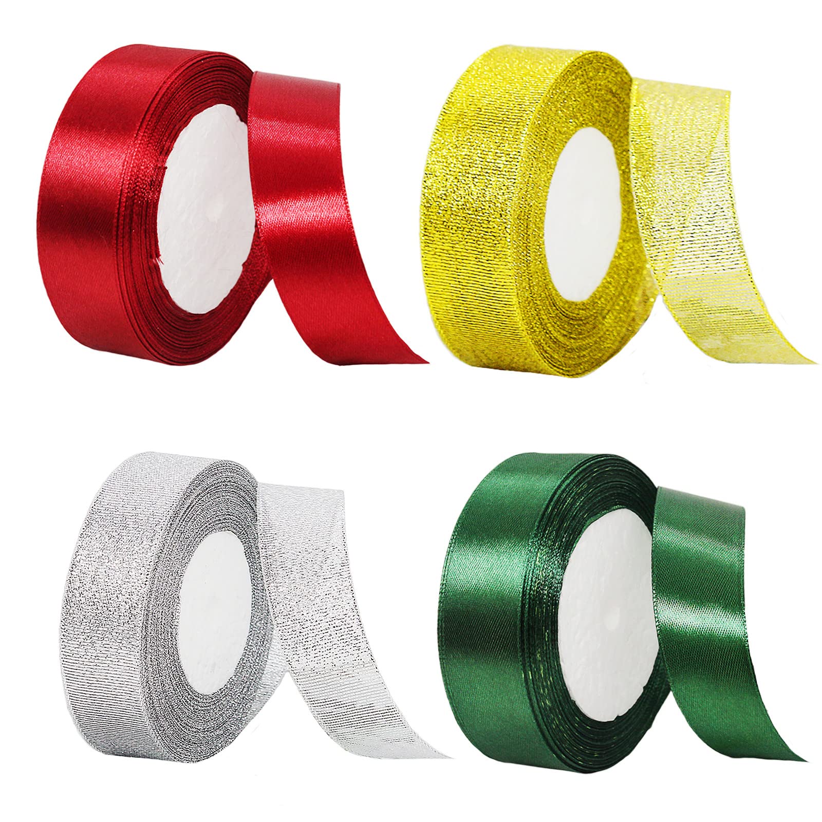 4 Rolls 22M Poly Satin Organza Ribbon - 25mm Gold, Silver, Green, Burgundy Red - Gift Wrapping, Christmas Tree, Crafts, Wedding Cake