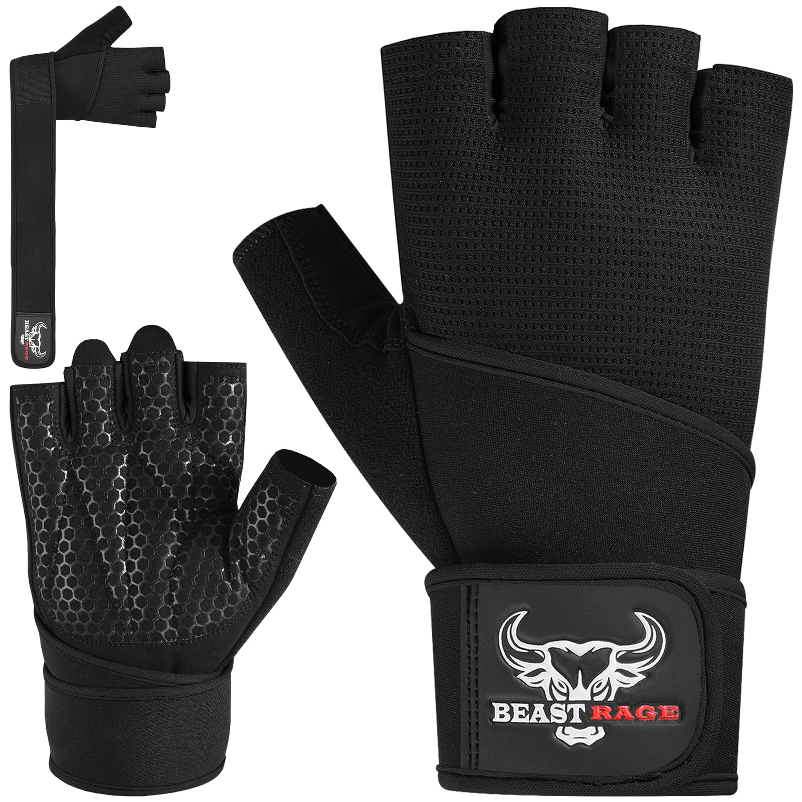 BEAST RAGE Weight lifting Gloves, Gym Gloves with Wrist wrap supports for Men & Women, Breathable, Snug fit, Ladies Padded Palm Gym Pull ups, Crossfit, Training, Fitness Exercise.