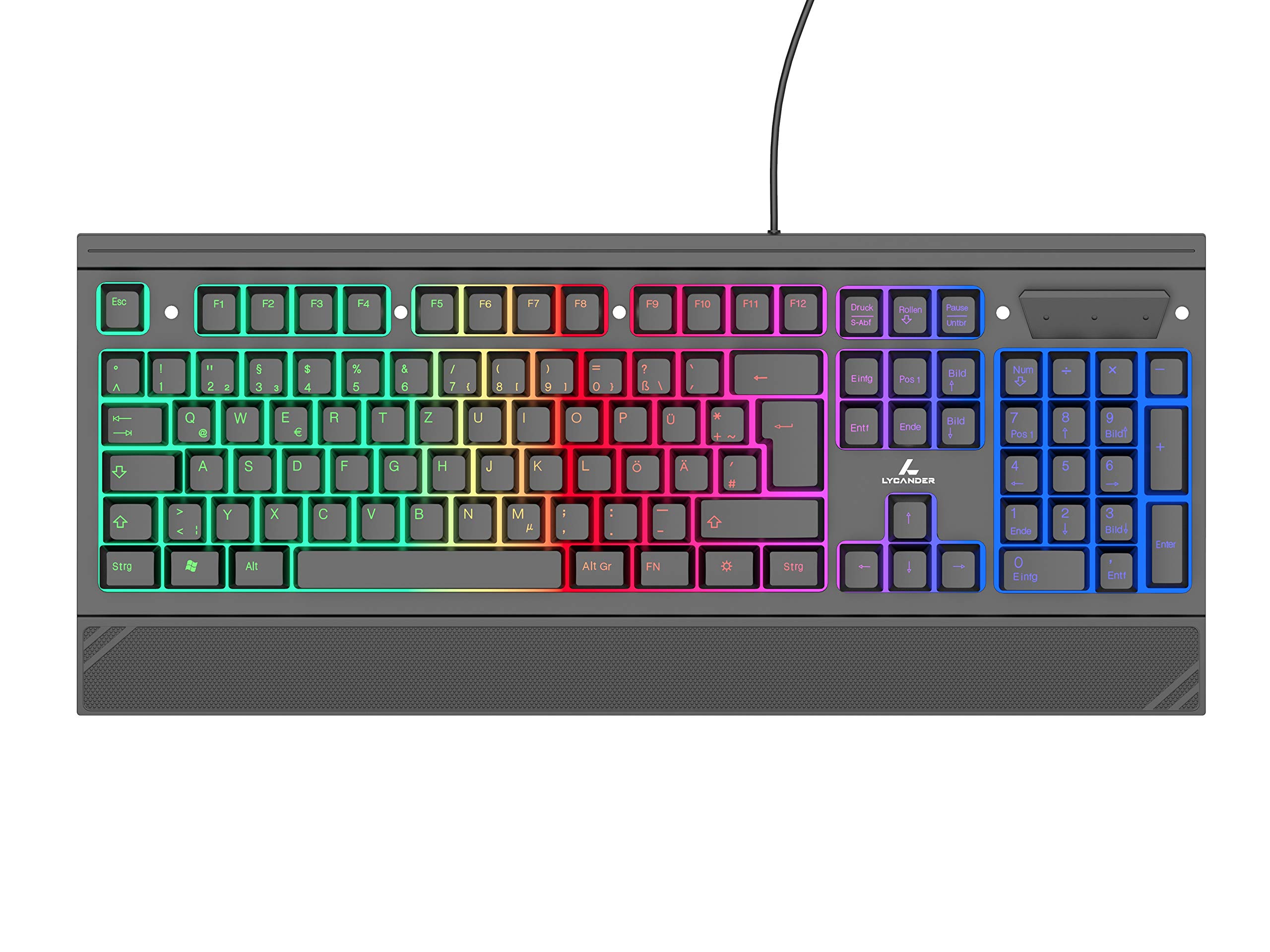 LYCANDER Gaming Keyboard Germany, Wired Keyboard - 19 anti-ghosting keys, 1.8m cable, rainbow backlight
