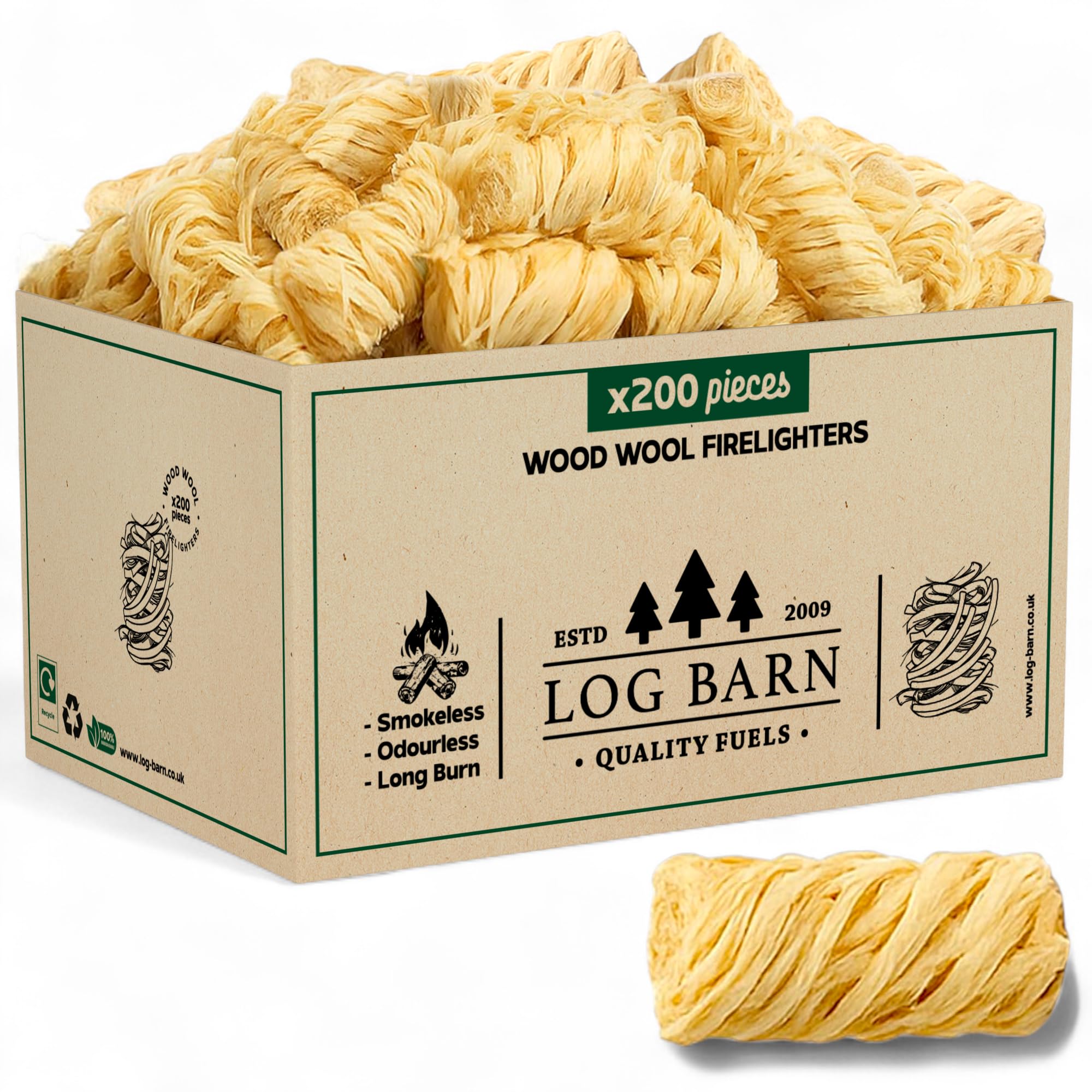 Log Barn Natural Firelighters Box of 200. Fire Lighters for Wood Burners, Pizza Ovens, Open Fires, BBQ Lighters, Fire Starters for Log Burners – Genuine Log Barn Wood Wool Firelighters