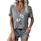 TOTWOW Women's Cut Out V Neck T-Shirts Boho Floral Graphic Tee Summer Cold Shoulder Short Sleeved Tops