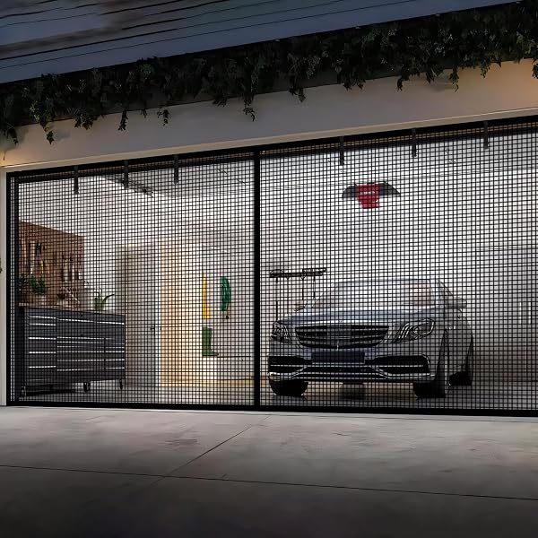 GARAGE DOOR SCREEN FOR 2 CAR GARAGE-18X7FT MAGNETIC GARAGE DOOR SCREEN WITH 6 ROLL UP STARPS FOR PATIO, OUTDOOR BLACK
