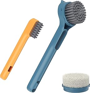 DIAOBO Dish Brush with Handle with Built-in Scraper, Cleaning Brush with Replacement Sponge Brush Heads, Kitchen Scrub Brush for Cleaning Pans, Pots, Sink (Navy Blue)
