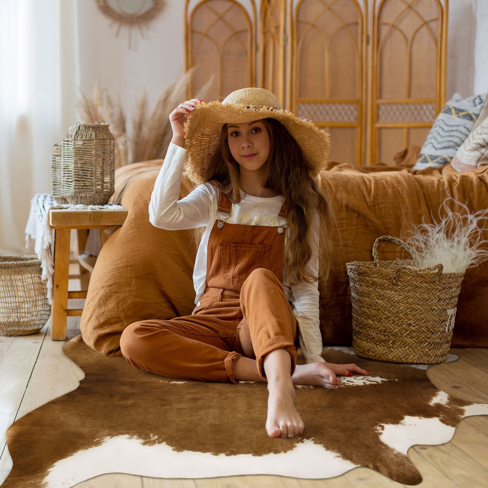 Photo 1 of BENRON Faux Cowhide Rug Accent Western Rug Ultra-Thin Cow Print Rug 3x4 Cow Hide Rug Cute Animal Rugs for Bedroom Living Room Man Cave Carpets, Khaki Brown