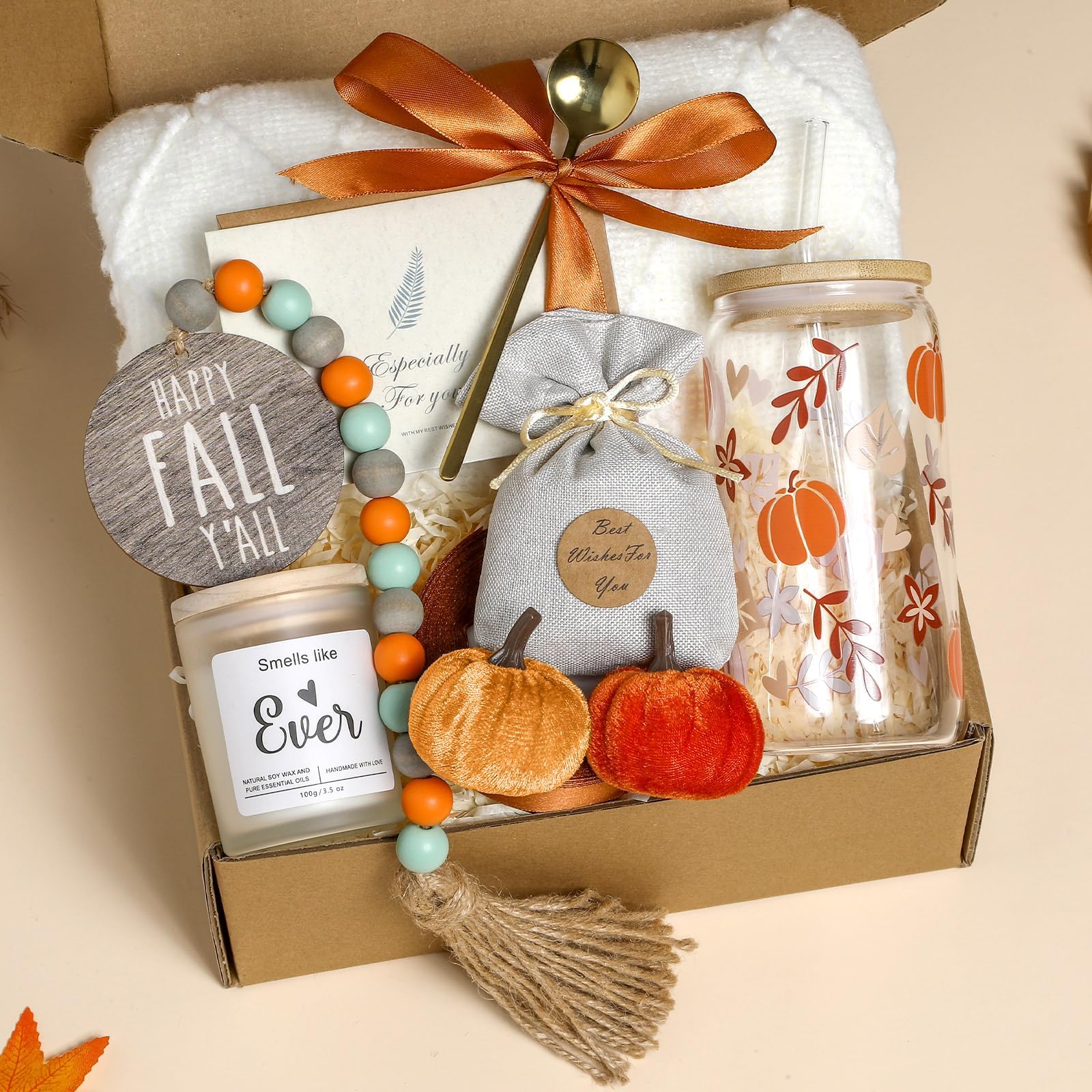 Photo 1 of Fall Gift Box for Women, Autumn Gifts Basket for Her, Thanksgiving Gift, Self Care Box Set Include Blanket Glass Cup Scented Candle for Friend Family Grandma Wife Teacher Autumn Birthday Holiday Gifts