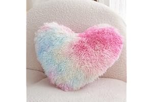 MOOWOO Rainbow Fluffy Heart Pillow,Valentines Day Decor Faux Fur Throw Pillow,Sherpa Plush Shaggy, Girl Room Decor,Heart Shape for Mothers Day,Christmas Decorations(Colorful)