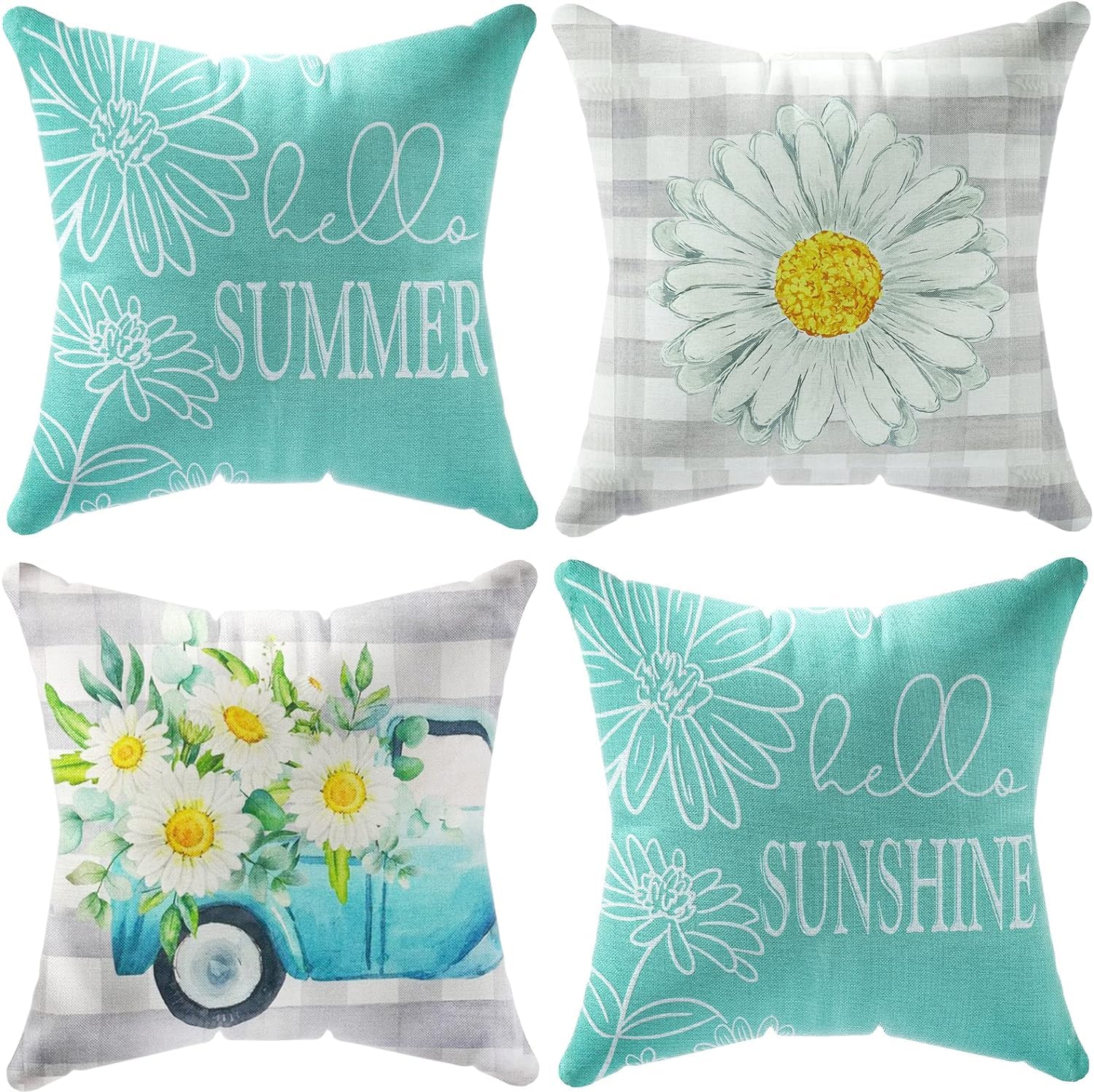 BAOKU Set of 4 Daisy Floral Decorative Throw Pillow Covers,45 x 45 cm Light Blue Flowers Pattern Cotton and Linen Pillowcase 18 x 18 inches