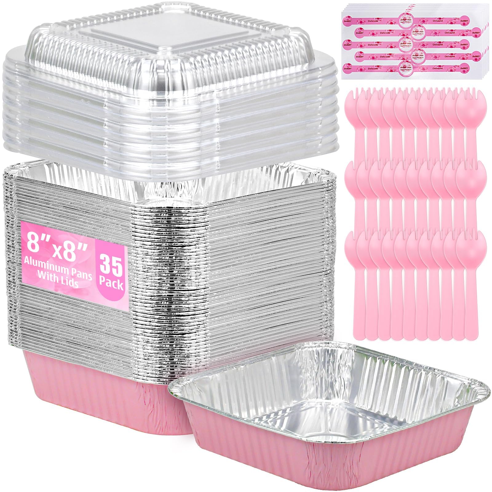 Photo 1 of (35-Pack) Pink 8x8 Inch Disposable Aluminum Pans with Plastic Lids,Stickers and Cake Spoons,Square Cake Pans for Parties,Baking Trays,Foil Pans for Holiday Cooking, Parties Meal Prep, Storage