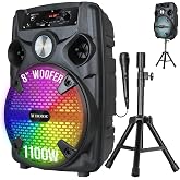 Audiobox Bluetooth Party Speaker with Stand &amp; Wired Microphone, 8" Woofer | 1100W Output, WaveSync Pairing, LED Lights, USB, TF, FM Radio &amp; AUX Inputs, 1800mAh Battery, Remote Control Included