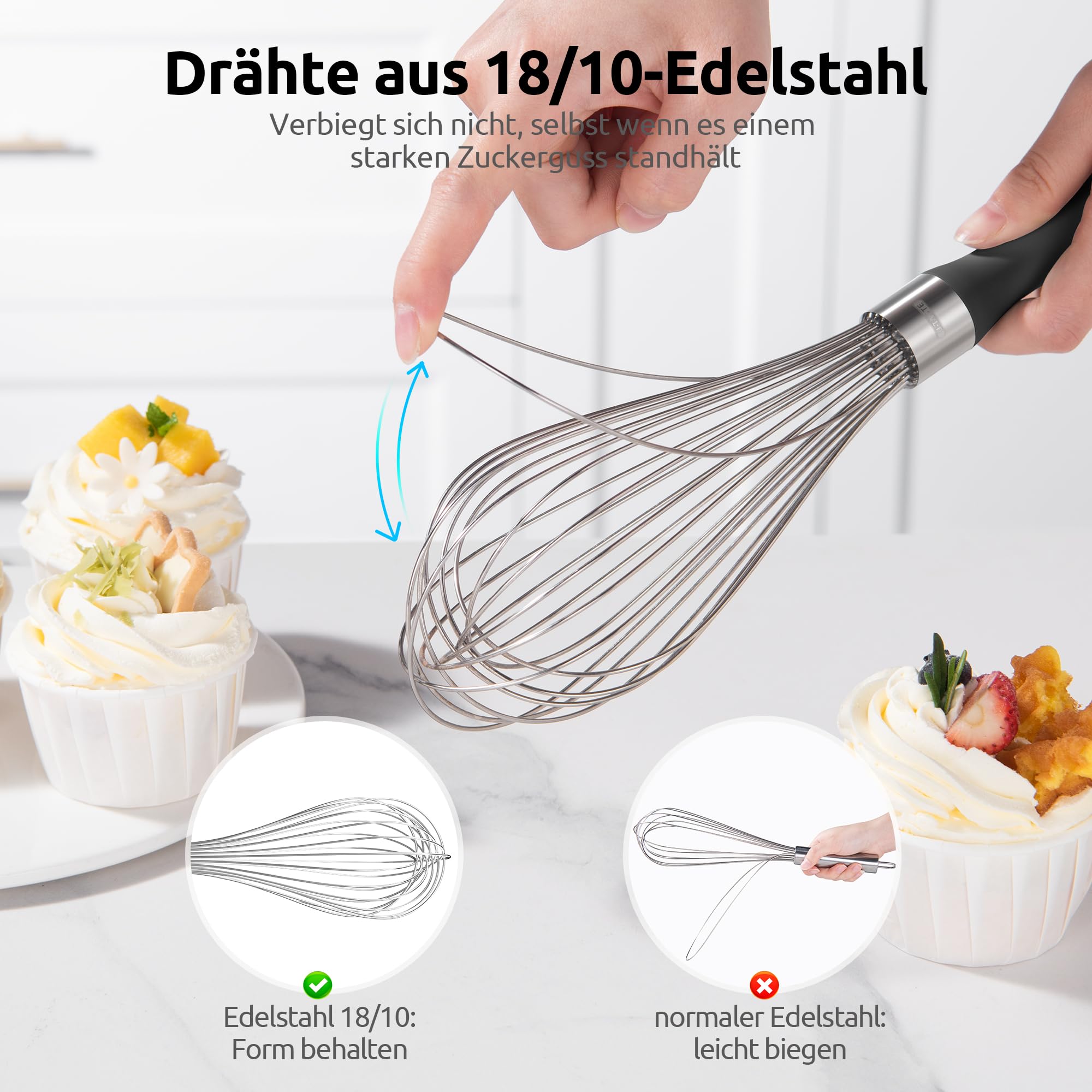 U-Taste Küchen-Schneebesen: 30 cm großer Ballonschneebesen aus Edelstahl 18/10 mit 12 hochflexiblen Drähten und Silikongriff zum Schlagen Vermengen und Verrühren von Teig und Soßen (Schwarz) 4
