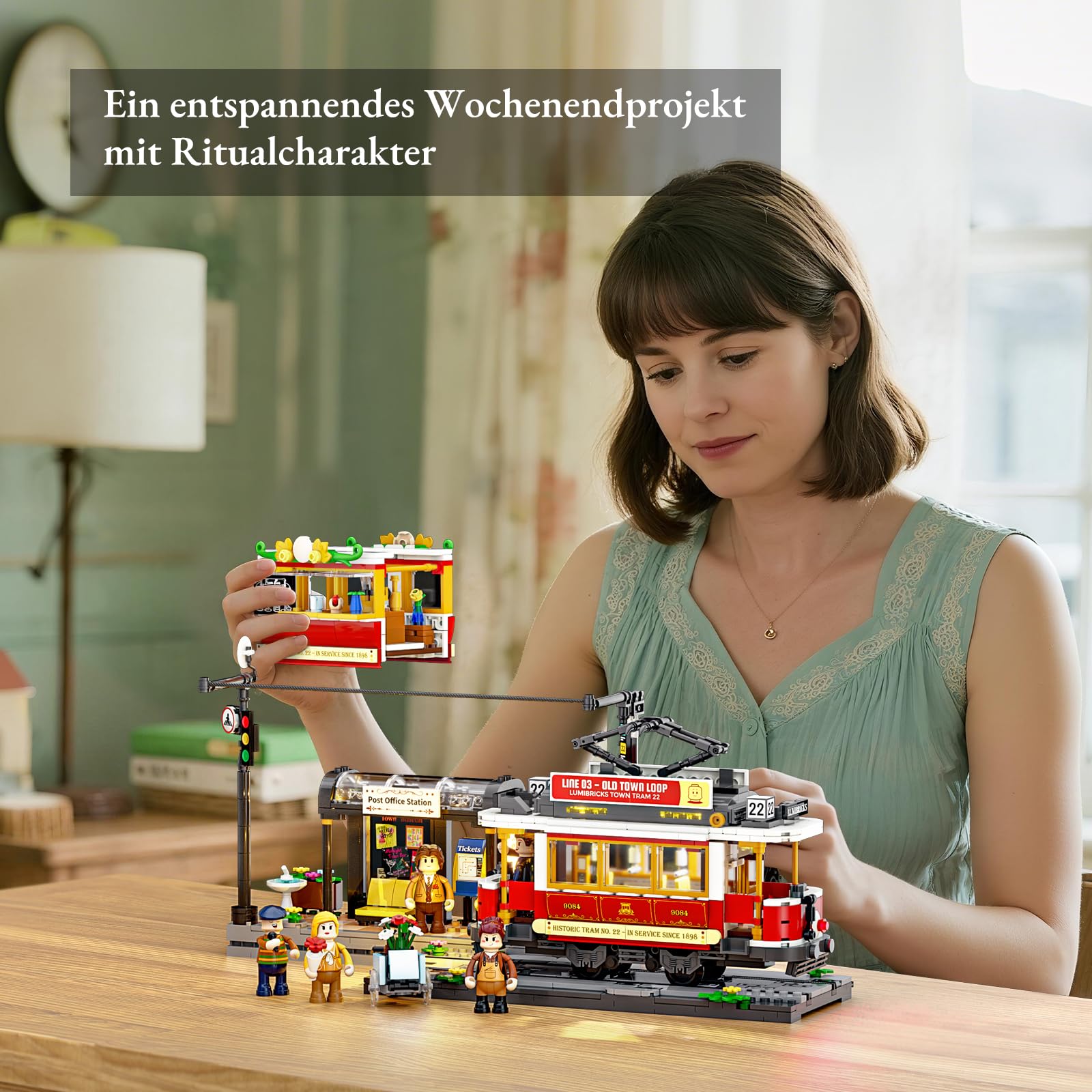 Lumibricks Heritage-Straßenbahn und -Haltestelle Bausatz mit Licht, Vintage-Dekor,kompatibel mit Modular Buildings,1274Pcs,Alter 16+, L9084 7