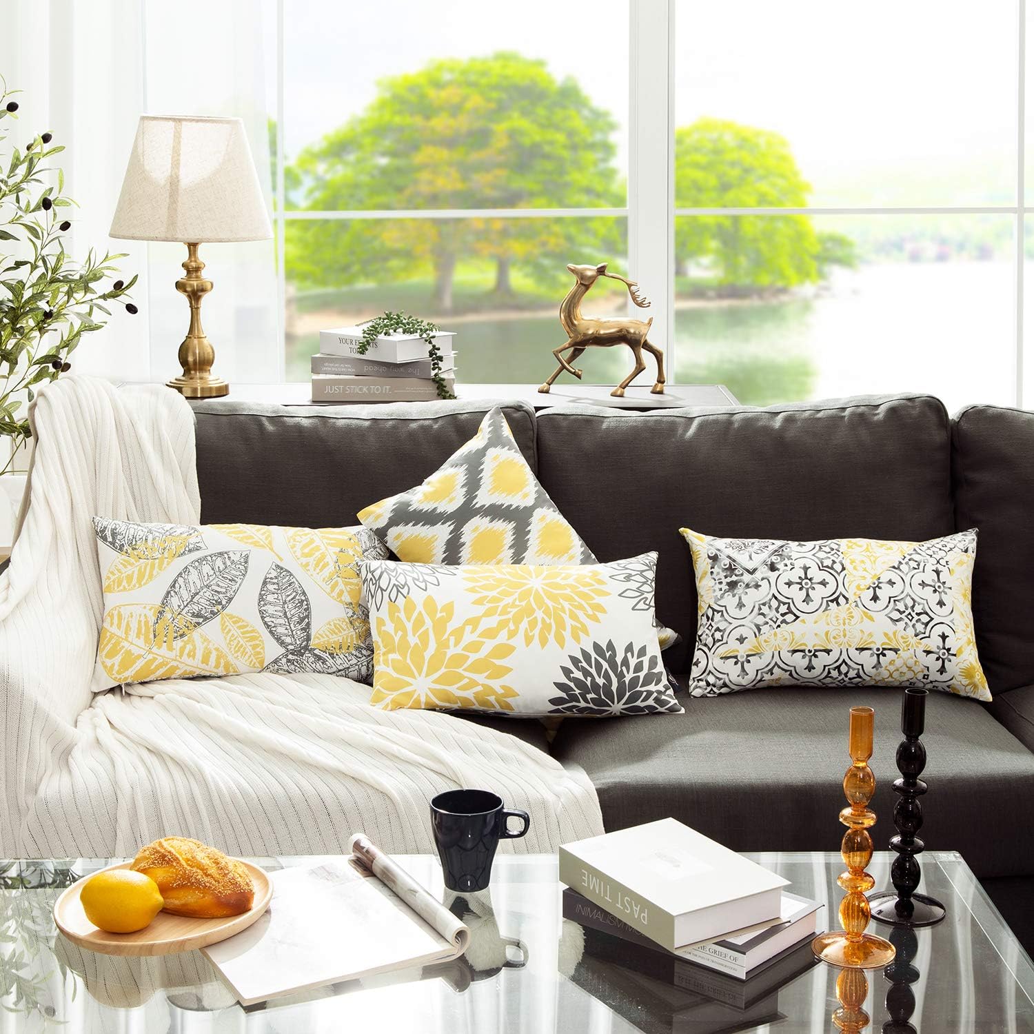 Phantoscope Set of 4 New Living Series Decorative Throw Pillow Case Cushion Cover, Yellow and Grey, 12 x 20 inches, 30 x 50 cm: Home & Kitchen