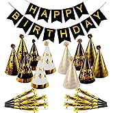 Exacoo 25Pcs Gold Birthday Cone Hat Set Includes 12 Gold Black White Party Hats for Adults 12 Gold Funny Noise Makers 1Pc Happy Birthday Banner Party Essentials Decorations Gorros de Cumpleaños