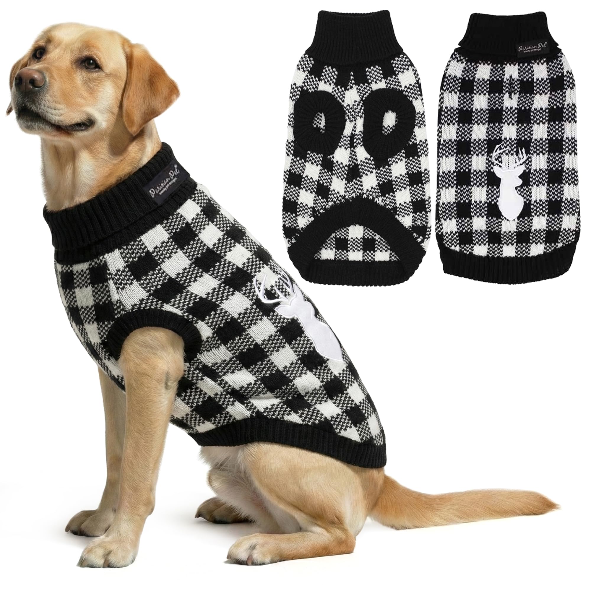 Parisian Pet - Turtleneck Sweater for Dogs - Black and White Checkered Plaid Knit Pullover - Size XL