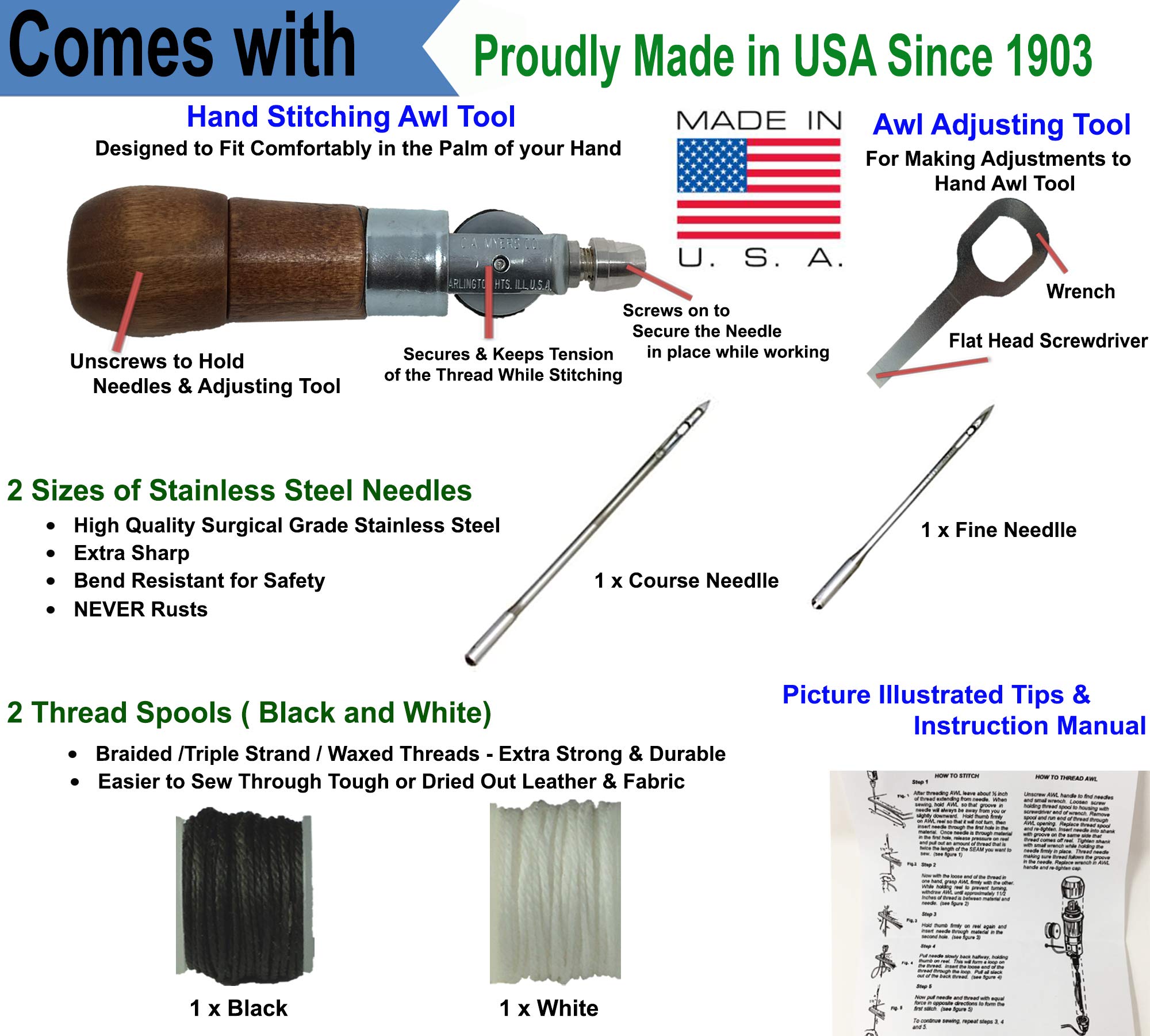 Repair Stitch Tool | Sewing Awl for Bounce Houses, Inflatables, Leather, Thick Fabric, Shoes, Bags, Belt, Upholstery Repair Kit & Crafts Leather, Tarp Stitching – Made in USA. Professional Heavy Duty