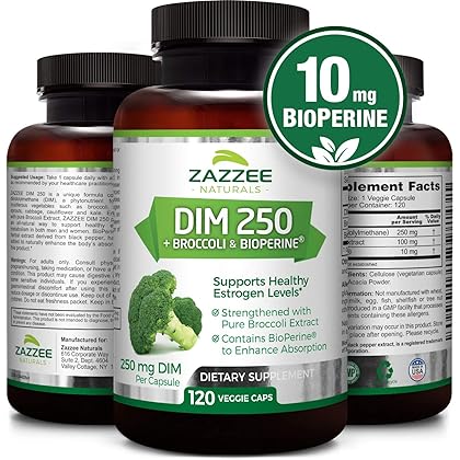 DIM 250 mg | 120 Veggie Caps | 10 mg BioPerine | 4 Month Supply | Plus Pure Broccoli Extract | Vegan and Non-GMO | 250 mg per Capsule | Extra Strength | Supports Healthy Estrogen Levels and Metabolism