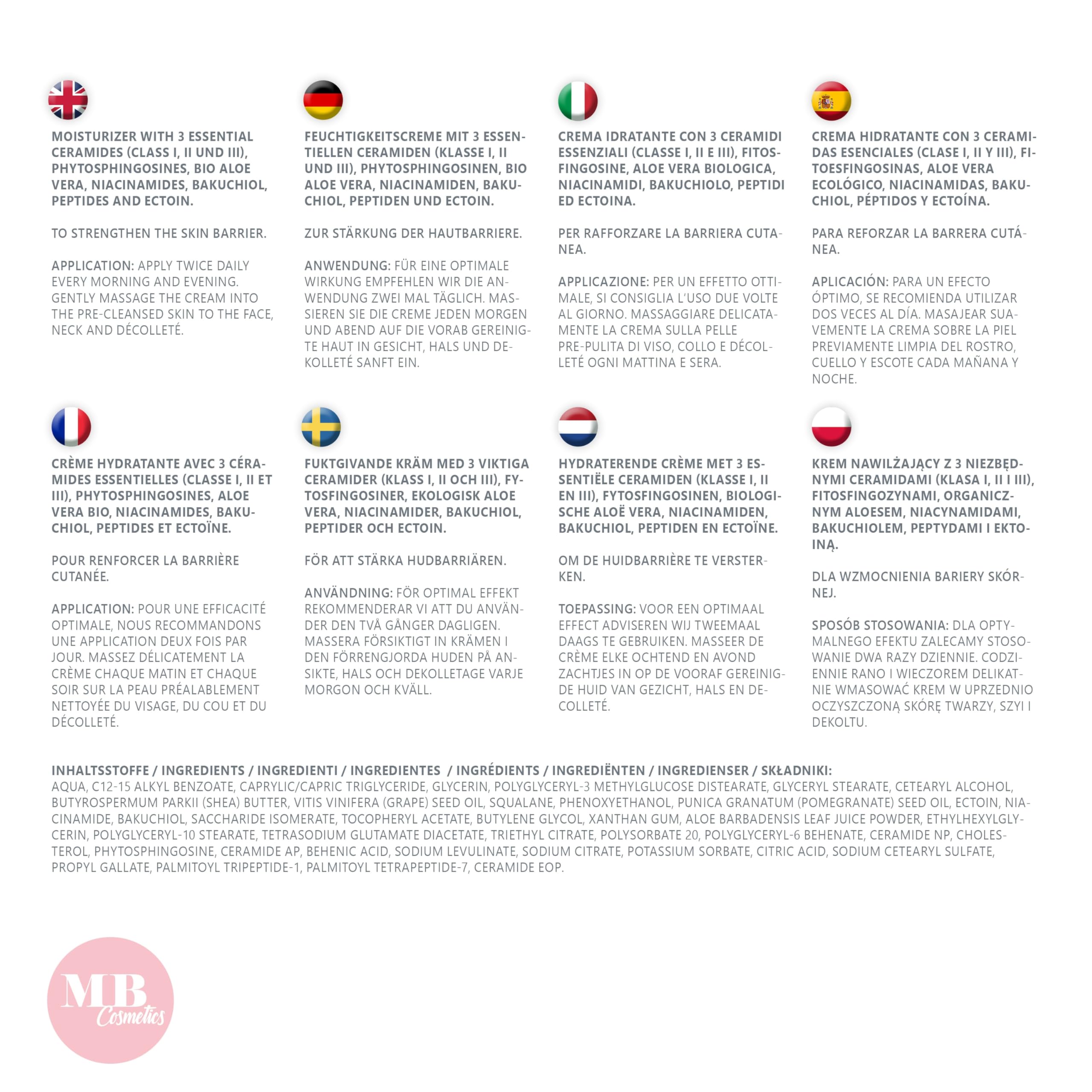 Ceramidcreme 100ml mit 3 essenziellen Ceramiden – plus Bio Aloe Vera, Bakuchiol und Bio Granatapfelkernöl – Vegane Gesichtspflege zur Stärkung der Hautbarriere mit Niacinamiden und Ectoin. 9