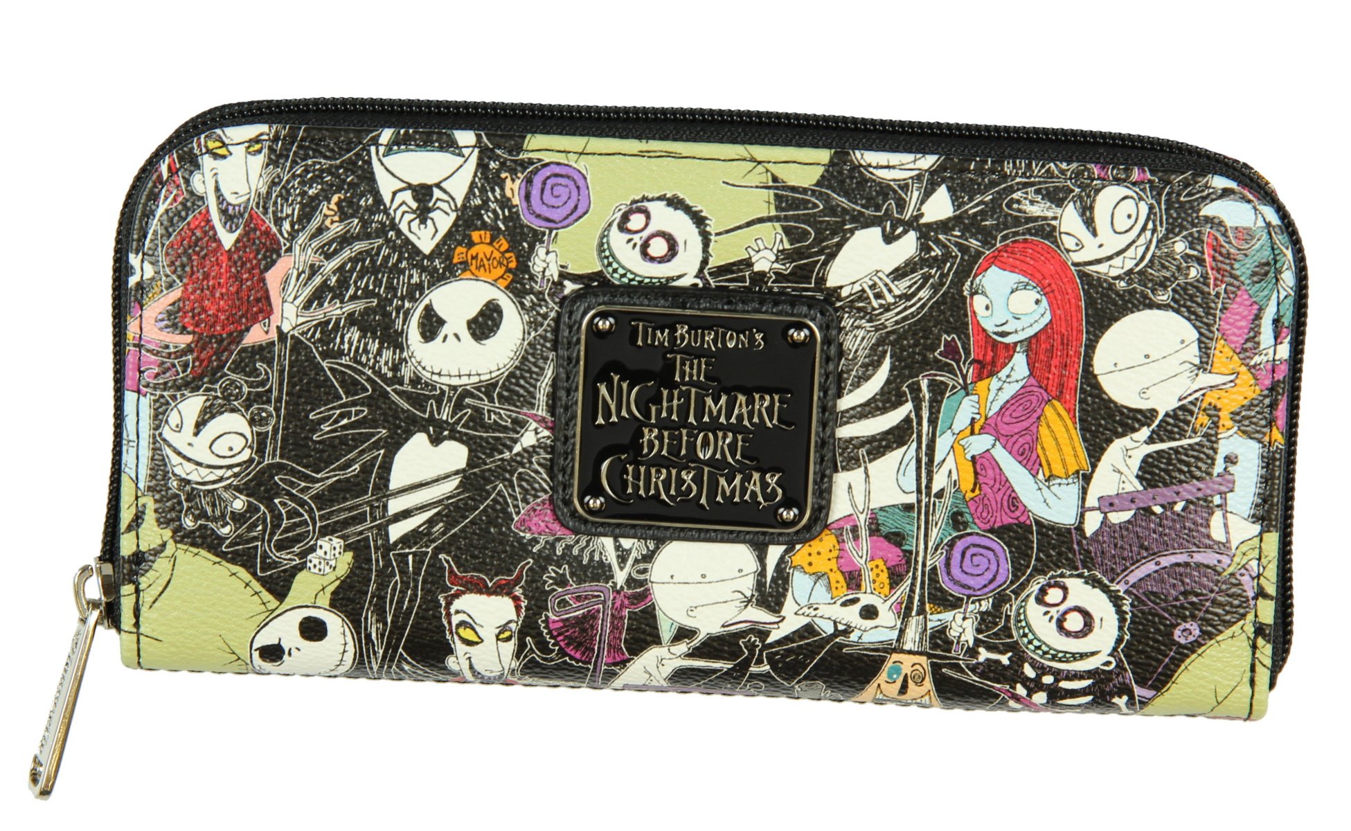 Loungefly The Nightmare Before Christmas Allover Print Character Zip Around Wallet, Women's Adult Unisex, Faux Leather, 8 Card Slots, Metal Tag, Zip Pocket, 8" L x 4" W