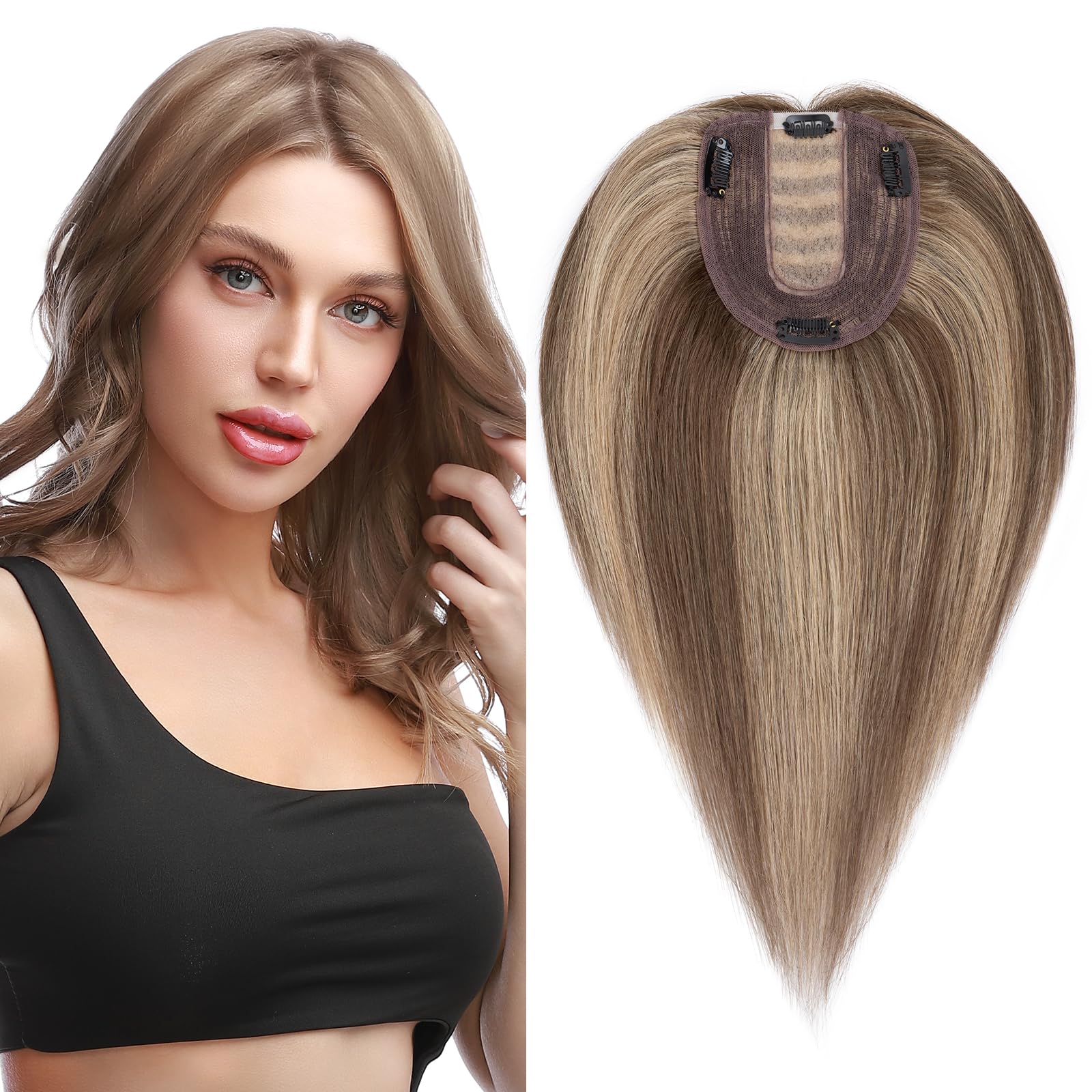 S-noilite Human Hair Toppers for Thinning Hair Women Real Hair Topper Clip in Toupee 100% Remy Real Human Hair 57g（#4P27 Medium Brown and Dark Blonde, 18 Inch）