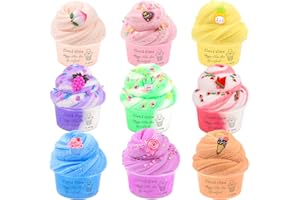 WUJYLY Cloud Slime Kit 9 Pack, with Peachybbies Watermelon Pineapple Cake Slime Charms, DIY Slime Supplies for Girls and Boys, Stress Relief Toy for Kids Education, Party Favor, Gift and Birthday