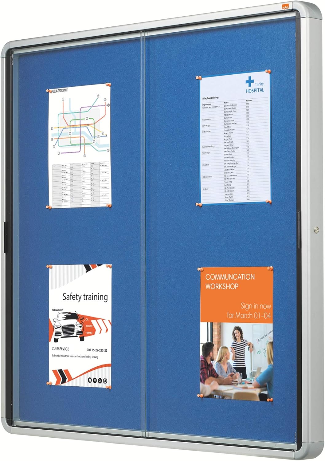 Nobo Felt Lockable Notice Board With Sliding Glass Door, 12 x A4, Premium Plus, Blue, 1902566