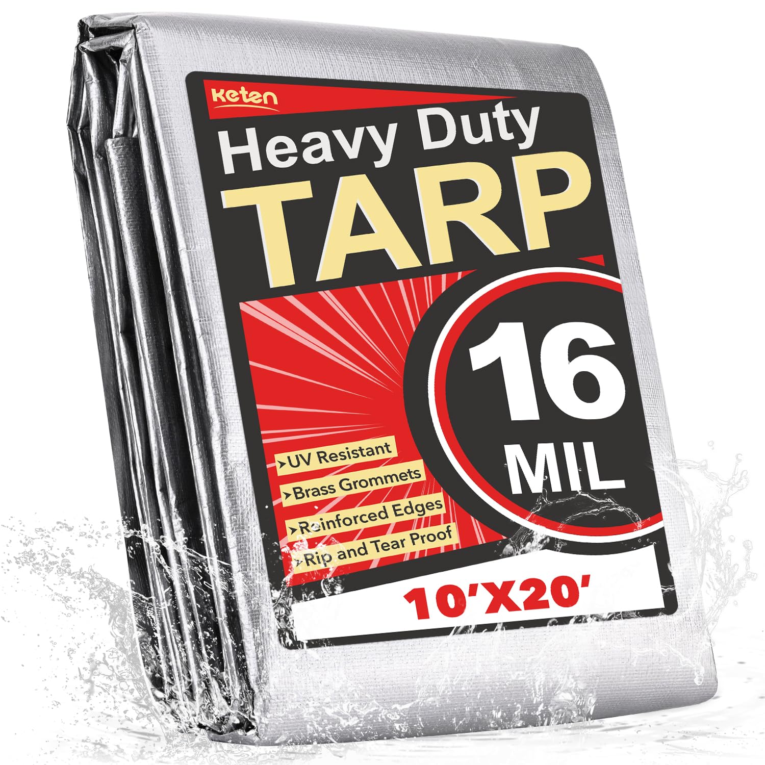 Photo 1 of Keten Tarps Heavy Duty Waterproof 10X20 Feet, Extra Thick 16 Mil, Tear & Fade Resistant, 100% UV Blocking, Outdoor Tarp with Reinforced Grommets for Roof, Camping, Patio, Pool, Boat(Silver/Black)