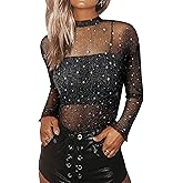 FEMLE Womens Nashville Mesh Sheer Sparkly Top Glitter Star See Through Tops Tee Shirt Short Sleeve Concert Rave Outfits