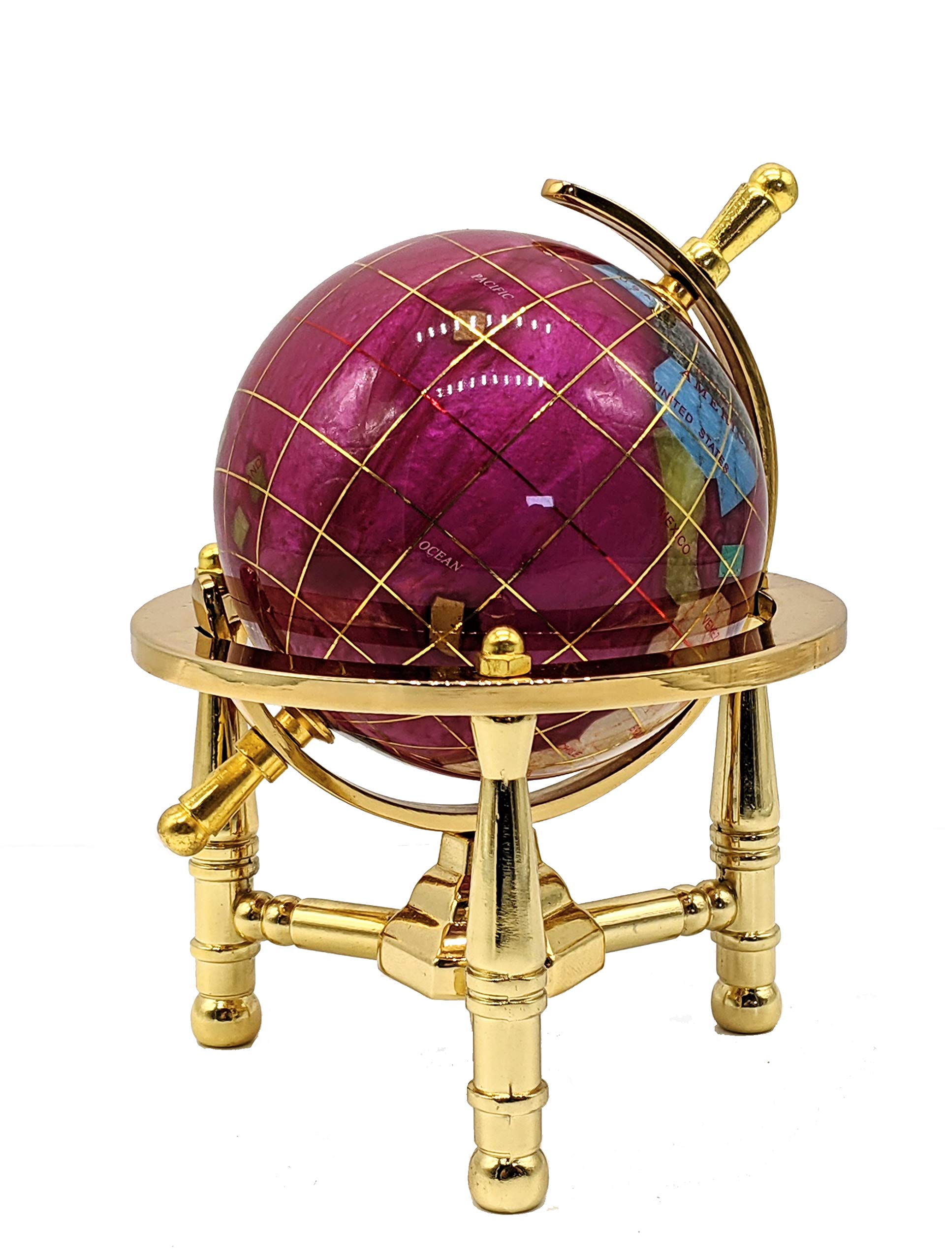 Unique Art 6-Inch Tall Pink Rubilite Pearl Swirl Ocean Mini Table Top Gemstone World Globe with Gold Tripod