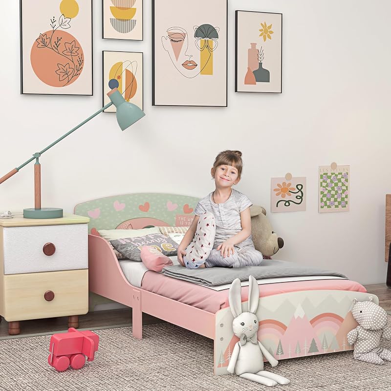 ZONEKIZ Toddler Bed Frame Pink 77x143x60cm for Ages 3-6 Years