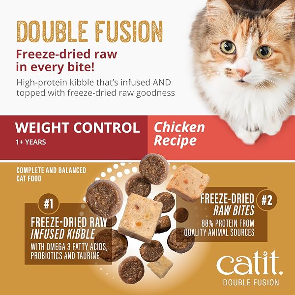 CATIT RECIPES DOUBLE FUSION WEIGHT CONTROL CAT FOOD – CHICKEN RECIPE, HIGH-PROTEIN, FREEZE-DRIED RAW TOPPINGS, NO BY-PRODUCTS, MINIMALLY PROCESSED, BALANCED NUTRITION, 4 LB