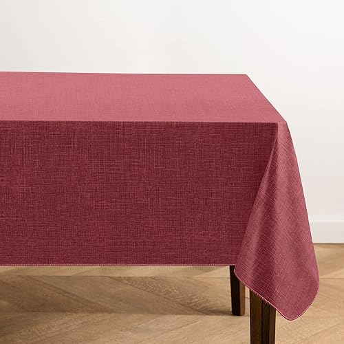 Elrene Home Fashions Monterey Linen Inspired Water- and Stain-Resistant Vinyl Tablecloth with Flannel Backing, 60 inches X 102 inches, Rectangle, Brick