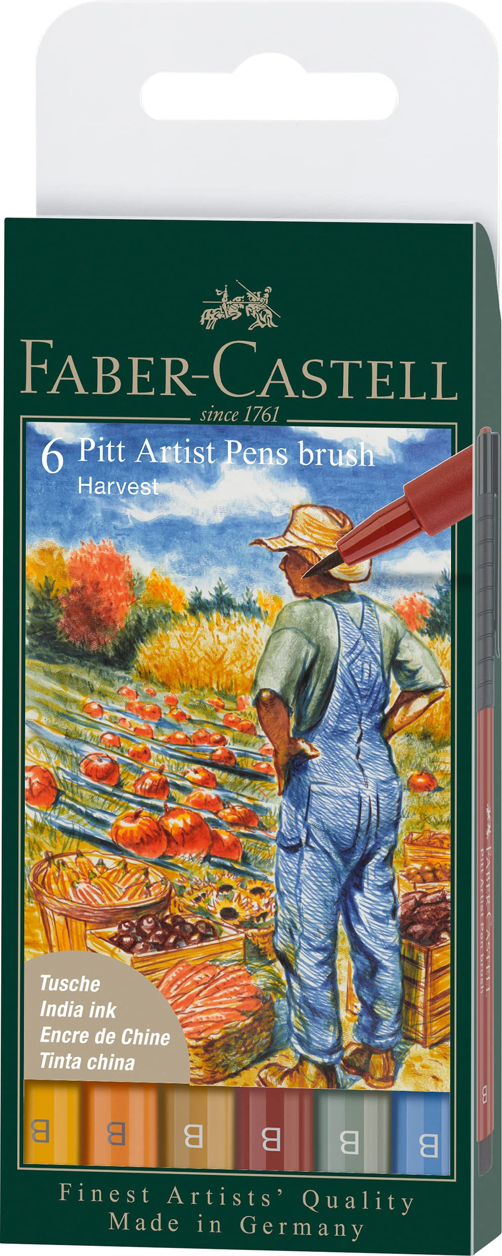 Faber-Castell Art & Graphic Pitt Artist Pen Brush India Ink Pen, Harvest, Wallet of 6, Art, Craft, Drawing, Sketching, Home, School, University, Colouring